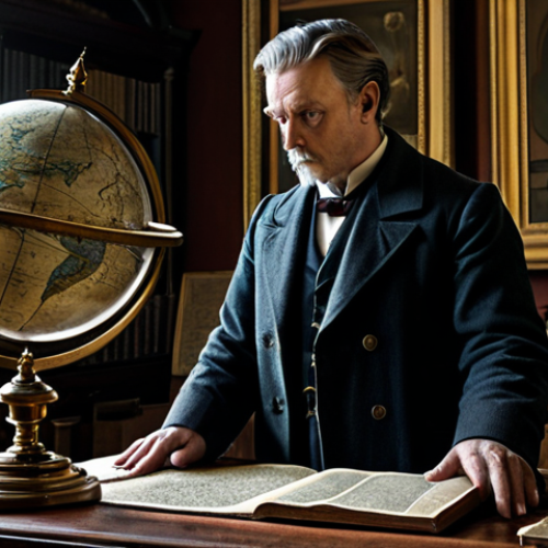 Home 22 A professional timekeeper character, fully clothed in a modest, dark, elegant long coat with subtle historical accents and appropriate attire, standing thoughtfully beside an ornate, antique desk in a softly lit, grand Victorian-era study. The room is filled with ancient maps, celestial globes, and ticking clockwork mechanisms, conveying a sense of mystery and intellect. Perfect anatomy, correct proportions, natural pose, well-formed hands, proper finger count, natural body proportions. Professional photography, high detail, cinematic lighting, appropriate content, safe for work, family-friendly.