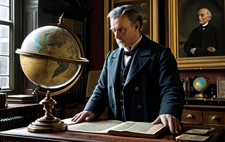 A professional timekeeper character, fully clothed in a modest, dark, elegant long coat with subtle historical accents and appropriate attire, standing thoughtfully beside an ornate, antique desk in a softly lit, grand Victorian-era study. The room is filled with ancient maps, celestial globes, and ticking clockwork mechanisms, conveying a sense of mystery and intellect. Perfect anatomy, correct proportions, natural pose, well-formed hands, proper finger count, natural body proportions. Professional photography, high detail, cinematic lighting, appropriate content, safe for work, family-friendly.