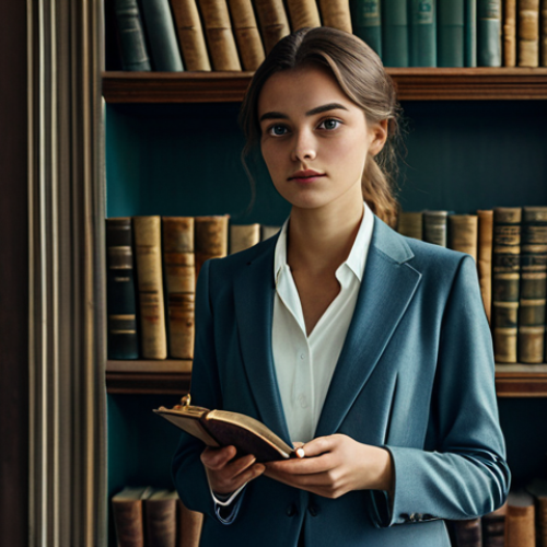 Home 9 A professional young woman, Vertin, with a quiet, observant demeanor, wearing a modest, elegant, and timeless suit, holding an iconic vintage watch in her hand. She stands in a softly lit, ethereal library, where antique books float gently, suggesting subtle temporal shifts. The atmosphere is contemplative and mysterious. Professional photography, high quality, perfect anatomy, correct proportions, well-formed hands, natural pose, fully clothed, appropriate attire, safe for work, family-friendly.