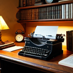 A Writer's Workspace**

"A cozy home office setup, featuring a wooden desk with a vintage typewriter and a half-written manuscript. Bookshelves filled with fantasy novels line the wall in the background. Warm, inviting lighting. safe for work, appropriate content, fully clothed, professional, perfect anatomy, correct proportions, well-formed hands, proper finger count, natural body proportions."

**