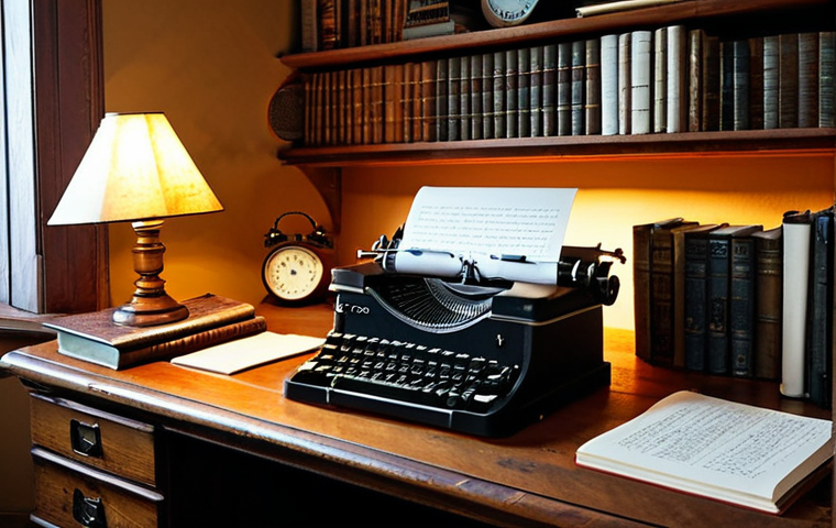 A Writer's Workspace**

"A cozy home office setup, featuring a wooden desk with a vintage typewriter and a half-written manuscript. Bookshelves filled with fantasy novels line the wall in the background. Warm, inviting lighting. safe for work, appropriate content, fully clothed, professional, perfect anatomy, correct proportions, well-formed hands, proper finger count, natural body proportions."

**