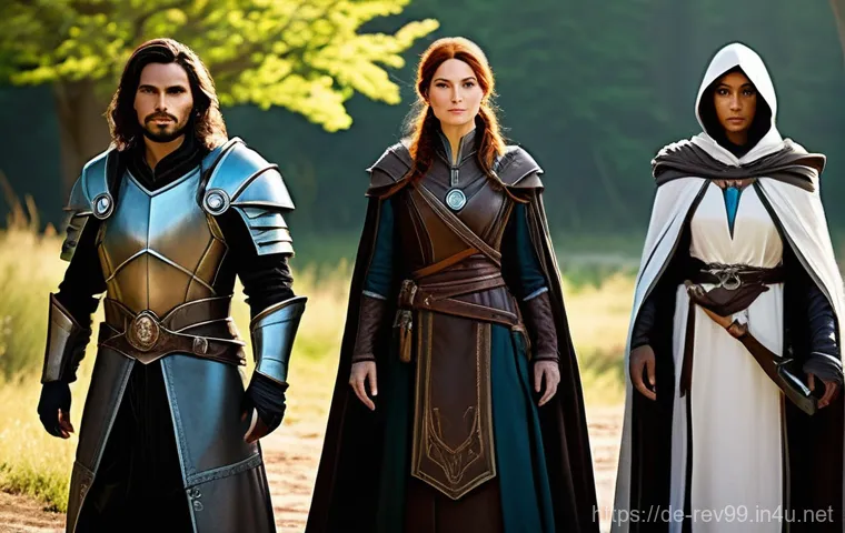 리버스 1999 랭킹 시스템 심층 분석 - A diverse group of four fantasy adventurers, comprising a strong male warrior in practical, full-bod...