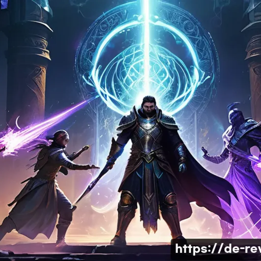 리버스 1999 월드 보스 공략 - A vibrant and dynamic fantasy scene depicting a diverse team of three Arcanists engaged in a fierce ...