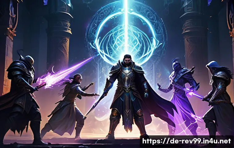 리버스 1999 월드 보스 공략 - A vibrant and dynamic fantasy scene depicting a diverse team of three Arcanists engaged in a fierce ...