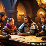 Home 20 리버스 1999 최고의 길드 조언 - A vibrant fantasy guild hall scene set in a medieval European-inspired setting, featuring a diverse ...