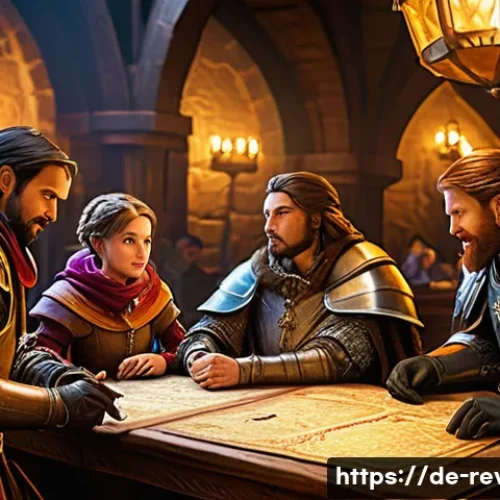 Home 15 리버스 1999 최고의 길드 조언 - A vibrant fantasy guild hall scene set in a medieval European-inspired setting, featuring a diverse ...