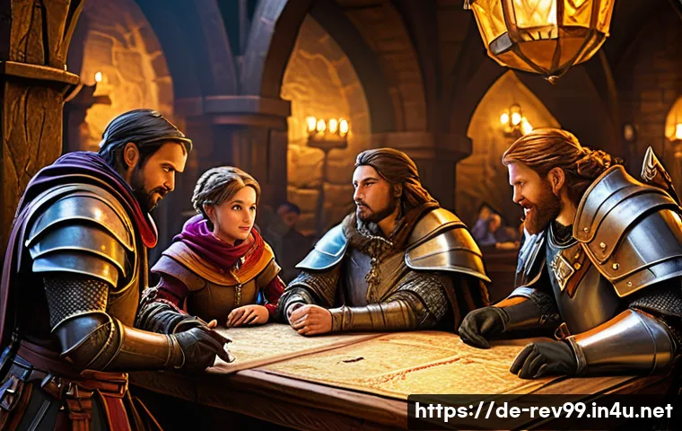 리버스 1999 최고의 길드 조언 - A vibrant fantasy guild hall scene set in a medieval European-inspired setting, featuring a diverse ...