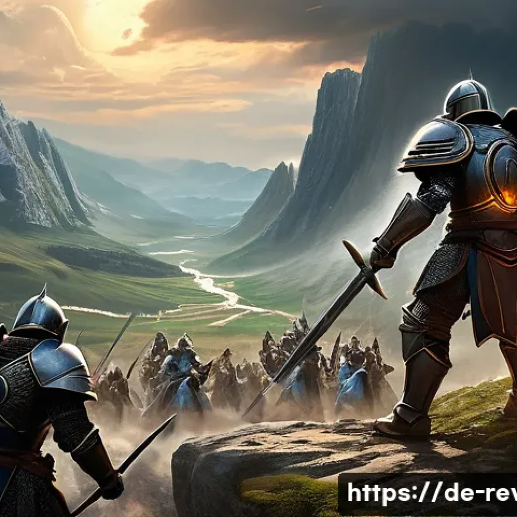 리버스 1999 길드전 전략 - A dynamic fantasy guild war scene featuring a diverse team of armored warriors and mages coordinatin...