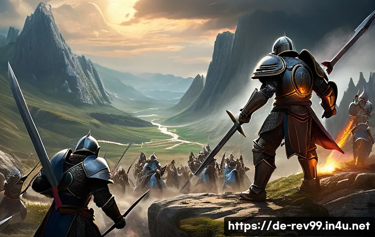 리버스 1999 길드전 전략 - A dynamic fantasy guild war scene featuring a diverse team of armored warriors and mages coordinatin...