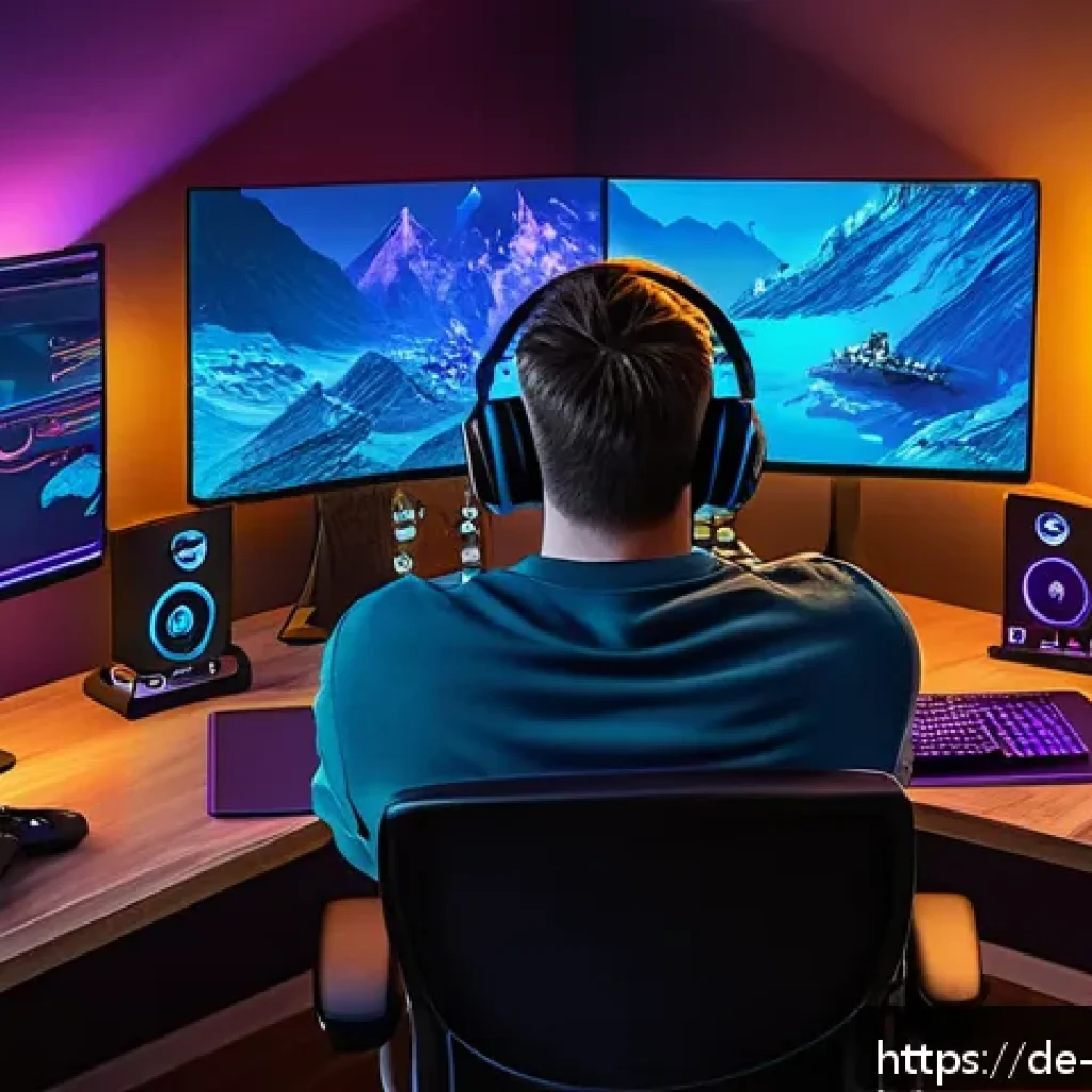 리버스 1999 추천 무료 VPN - A detailed digital illustration of a German gamer sitting at a modern gaming desk in a cozy room dec...