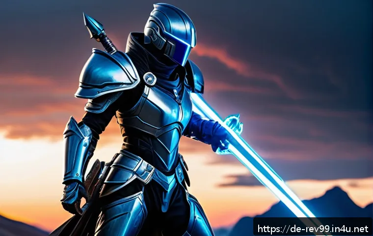 리버스 1999 최고의 아이템 세팅 - A dynamic fantasy warrior character in sleek, futuristic armor wielding dual blades named "Blitzklin...