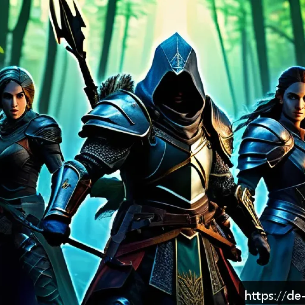리버스 1999 초보자를 위한 기본 팁 - A dynamic fantasy RPG scene featuring a diverse group of characters representing distinct classes: a...