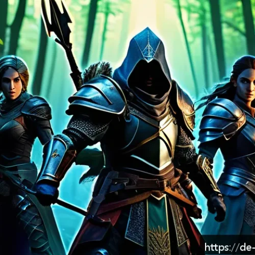 리버스 1999 초보자를 위한 기본 팁 - A dynamic fantasy RPG scene featuring a diverse group of characters representing distinct classes: a...