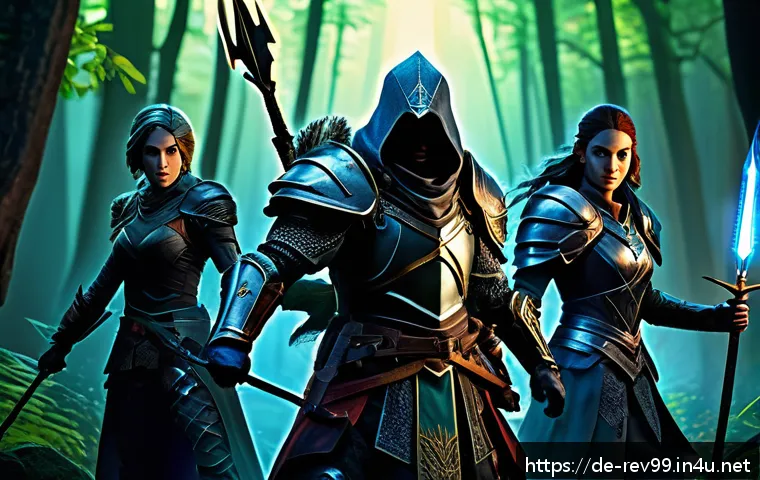 리버스 1999 초보자를 위한 기본 팁 - A dynamic fantasy RPG scene featuring a diverse group of characters representing distinct classes: a...