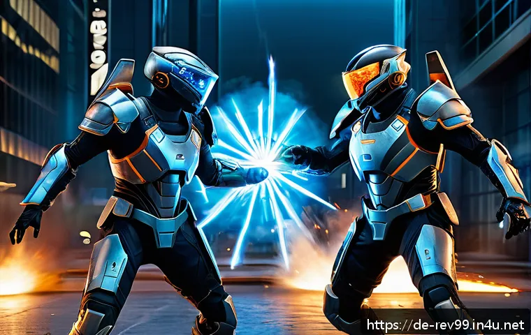 리버스 1999 최고 스킬 조합법 - A dynamic battle scene featuring a team of four diverse characters in futuristic armor coordinating ...