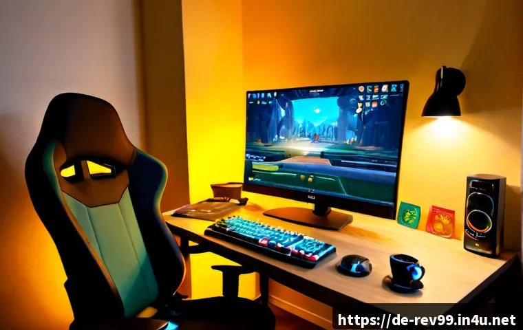 Home 17 리버스 1999 업데이트 일지 - Photorealistic gaming update journal concept, a modern German home office desk with a widescreen mon...