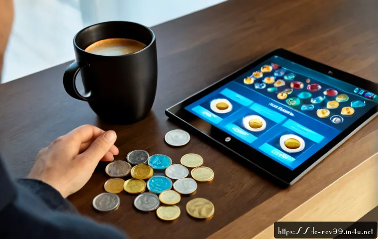 Home 17 리버스 1999 속성별 아이템 비교 - Photorealistic German gaming desk scene, a tablet displaying a fantasy role-playing inventory with f...