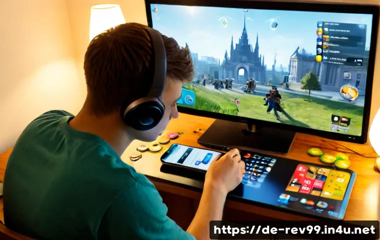 리버스 1999 유저의 경험 공유 - Photorealistic young German gamer at a tidy apartment desk in Berlin, thoughtfully sharing a mobile ...