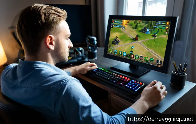 리버스 1999 오토 전투 설정법 - Photorealistic over-the-shoulder view of a German gamer at a tidy home desk configuring automatic ba...